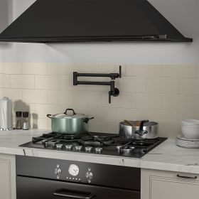 Traditional Wall Mount Stove Swing Arm Folding 2 Handles 360°Rotation Dual Joints Pot Filler Kitchen Faucet with ABS Faucet Aerator (Color: Matte black)