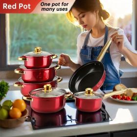 12 piece stainless steel cookware set, multiple color non stick cookware set, frying pan, flat bottomed pan, stew pot, equipped with lid (Color: Red)