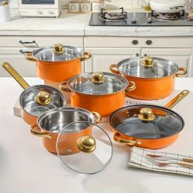 12 piece stainless steel cookware set, multiple color non stick cookware set, frying pan, flat bottomed pan, stew pot, equipped with lid (Color: Orange)