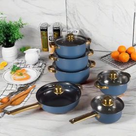 12 piece stainless steel cookware set, multiple color non stick cookware set, frying pan, flat bottomed pan, stew pot, equipped with lid (Color: Blue)