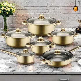 12 piece stainless steel cookware set, multiple color non stick cookware set, frying pan, flat bottomed pan, stew pot, equipped with lid (Color: Gold)
