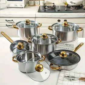 12 piece stainless steel cookware set, multiple color non stick cookware set, frying pan, flat bottomed pan, stew pot, equipped with lid (Color: Silver)