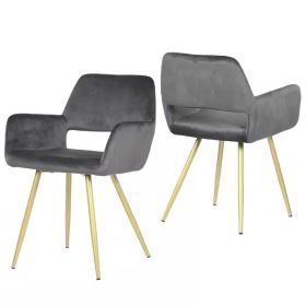 Set of 2 Modern Velvet Upholstered Dining Chair with Gold Metal Legs (Color: Dark Grey)