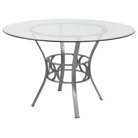 Round 48-inch Glass Top Dining Table with Metal Frame (Color: Silver)
