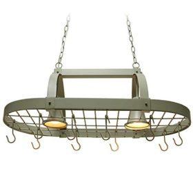 Rustic 2 Light 10 Hook Ceiling Mounted Hanging Pot Rack (Color: Grey)
