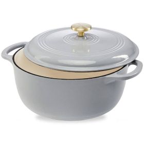 6 Quart Large Enamel Cast-Iron Dutch Oven Kitchen Cookware (Color: Light Grey)