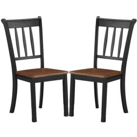 Set of 2 Solid Wood Mission Style Armless Dining Chairs with Brown Seat (Color: Black)