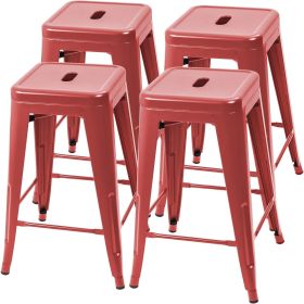 Set of 4 - 24-in. Indoor/Outdoor Backless Stacking Metal Barstools (Color: Red)