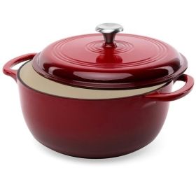 6 Quart Large Enamel Cast-Iron Dutch Oven Kitchen Cookware (Color: Red)