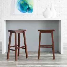 Set of 2 Farmhouse Bar Height Saddle Seat Barstools in Wood Finish (Color: Brown)